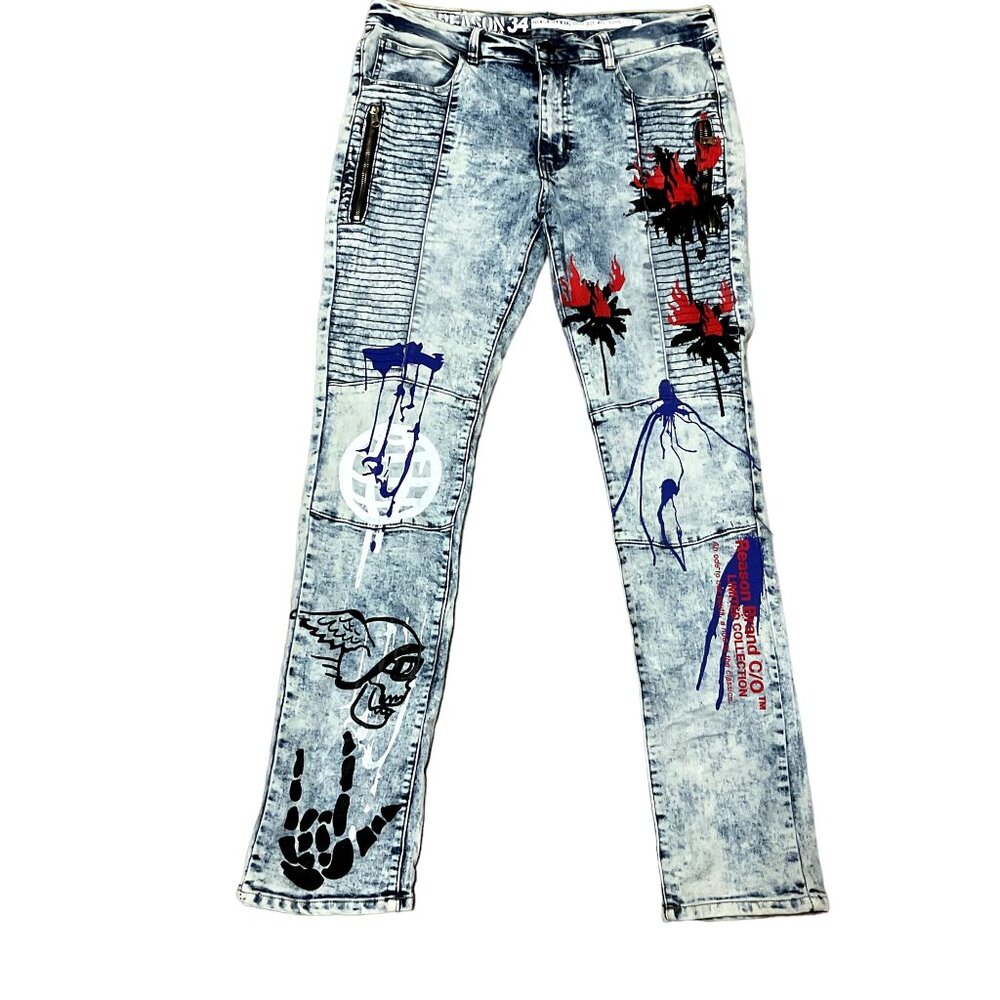 Vtg Y2K Reason Acid Wash Jeans Sz 34 x 33 Moto Graphic Print Zipper Pocket Mens